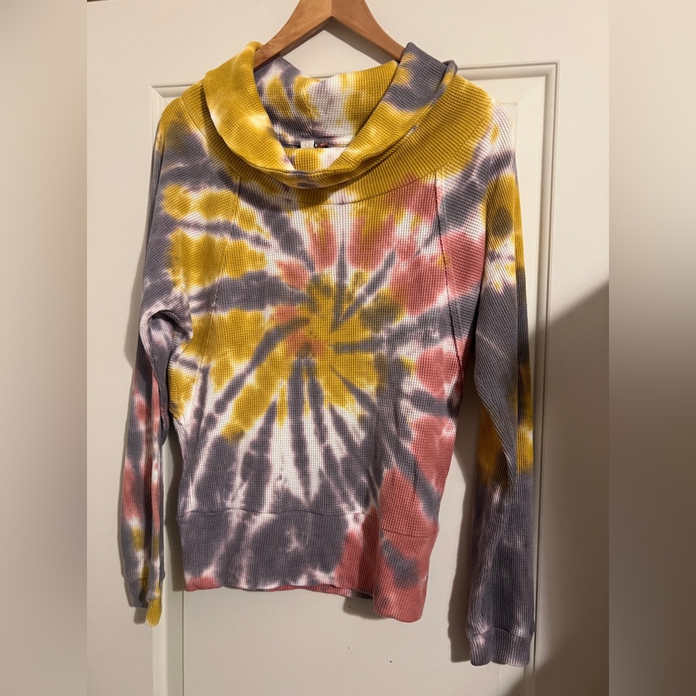 Pilcro Anthropologie Angie Tie Dye Cowl Neck Yellow Thermal Tee Top Fall Waffle - Picture 3 of 7